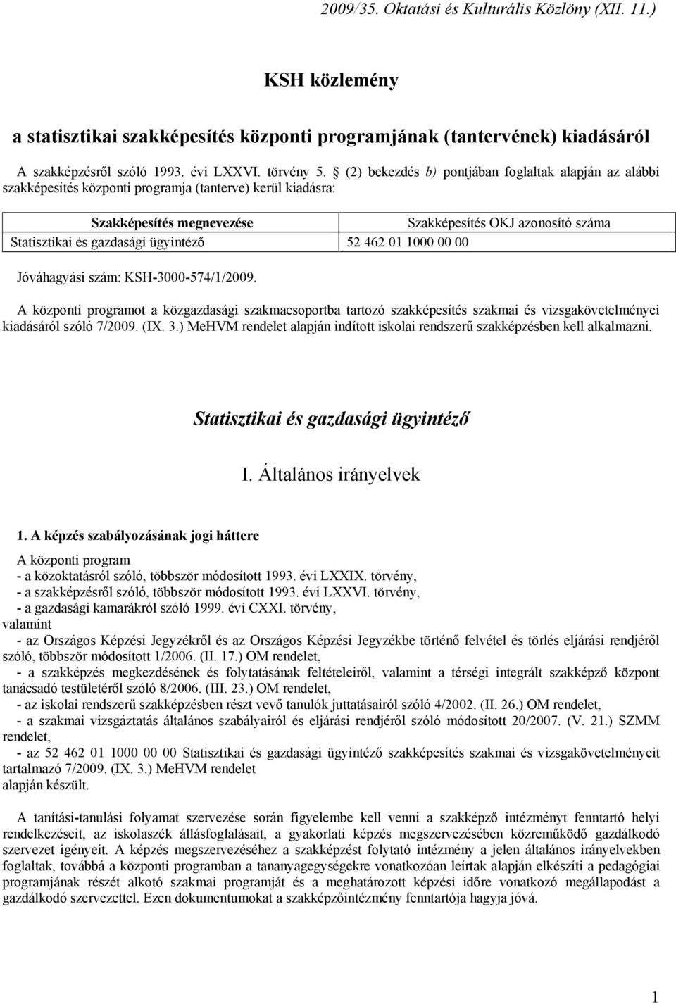 ügyintéző 52 462 01 1000 00 00 Jóváhagyási szám: KSH-3000-574/1/2009. A központi programot a közgazdasági szakmacsoportba tartozó szakképesítés szakmai és vizsgakövetelményei kiadásáról szóló 7/2009.