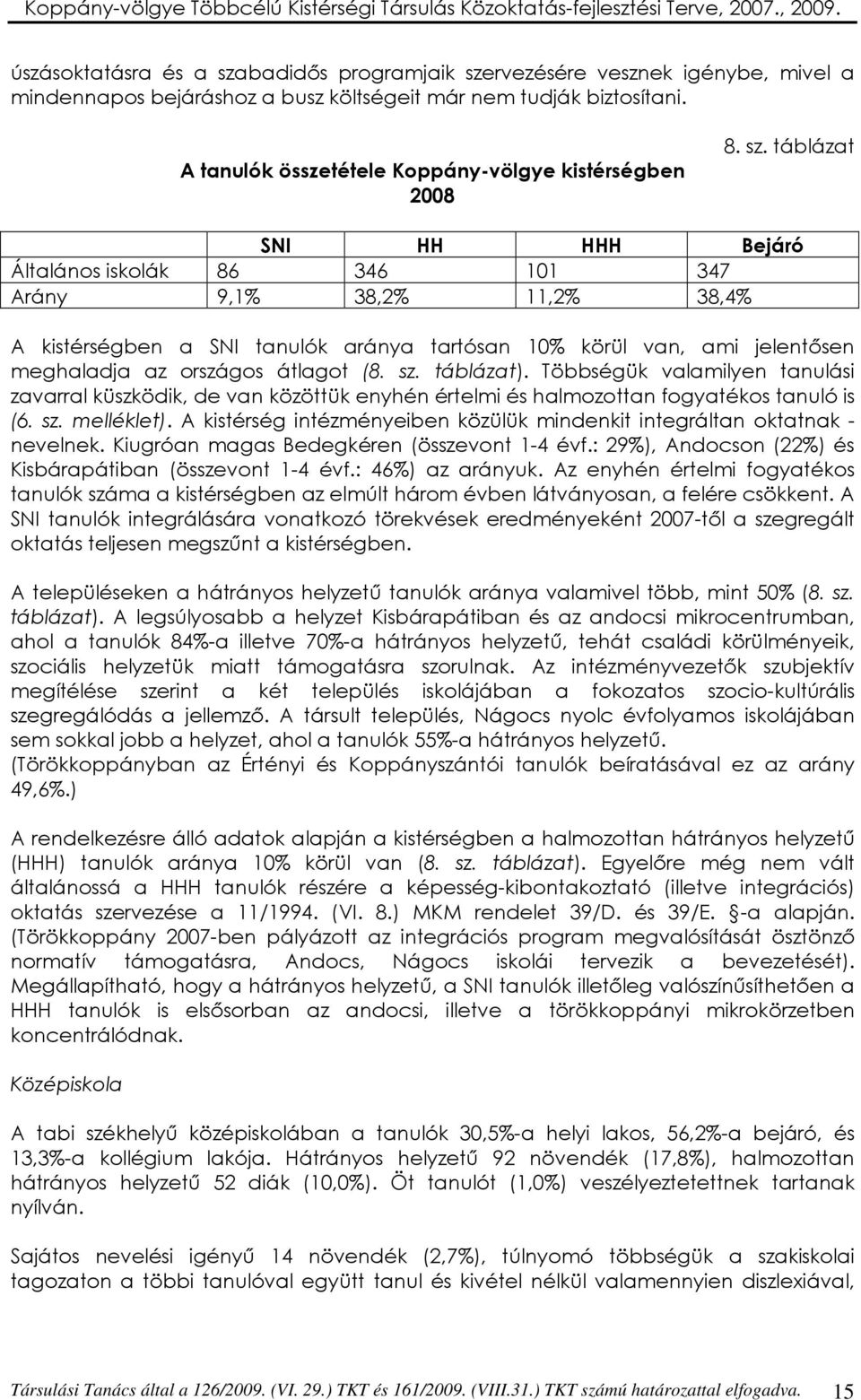 táblázat SNI HH HHH Bejáró Általános iskolák 86 346 101 347 Arány 9,1% 38,2% 11,2% 38,4% A kistérségben a SNI tanulók aránya tartósan 10% körül van, ami jelentısen meghaladja az országos átlagot (8.