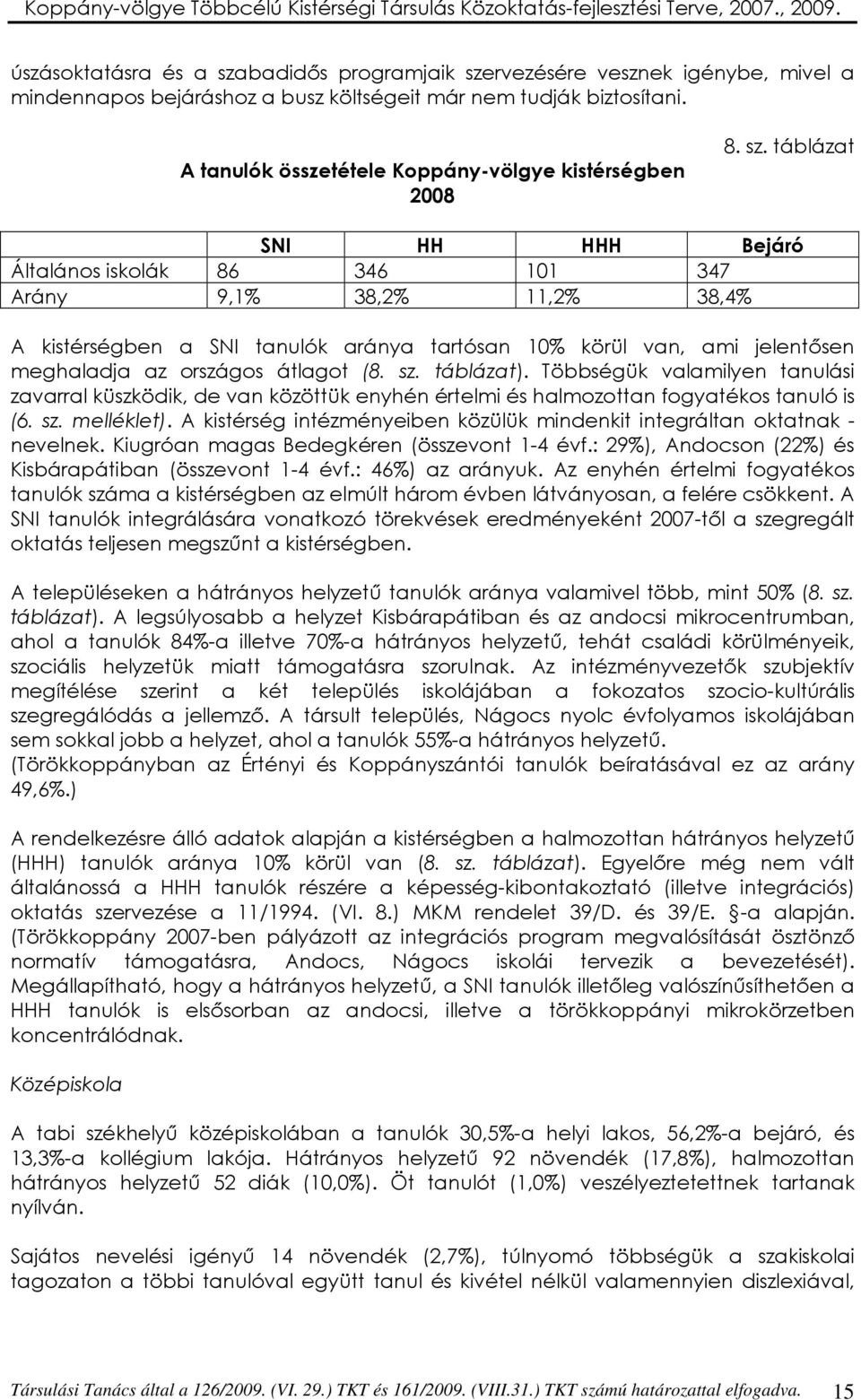 táblázat SNI HH HHH Bejáró Általános iskolák 86 346 101 347 Arány 9,1% 38,2% 11,2% 38,4% A kistérségben a SNI tanulók aránya tartósan 10% körül van, ami jelentısen meghaladja az országos átlagot (8.