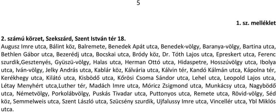 Tóth Lajos utca, Epreskert utca, Ferenc szurdik,gesztenyés, Gyüszü-völgy, Halas utca, Herman Ottó utca, Hidaspetre, Hosszúvölgy utca, Ibolya utca, Iván-völgy, Jelky András utca, Kablár köz, Kálvária