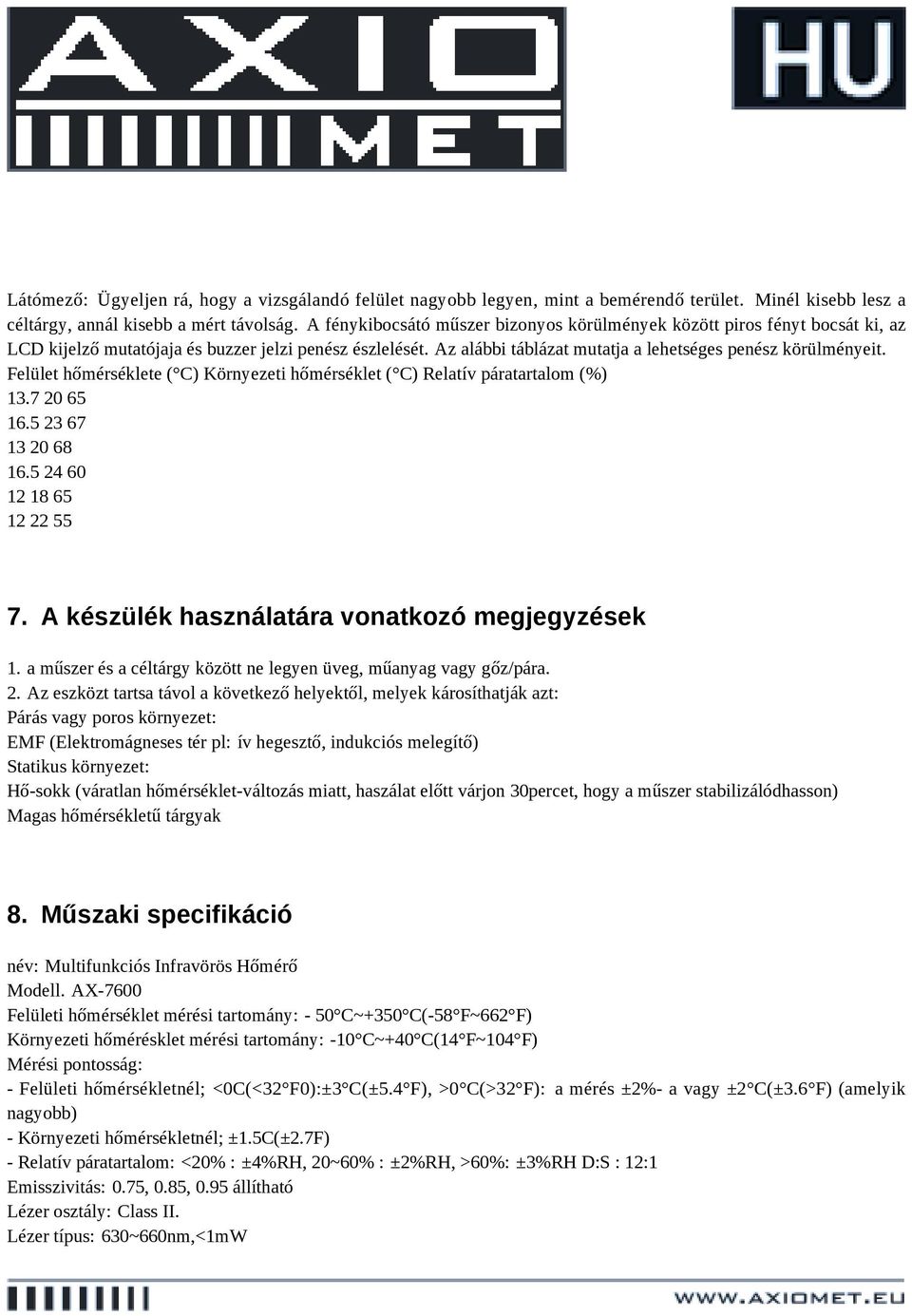 Felület hőmérséklete ( C) Környezeti hőmérséklet ( C) Relatív páratartalom (%) 13.7 20 65 16.5 23 67 13 20 68 16.5 24 60 12 18 65 12 22 55 7. A készülék használatára vonatkozó megjegyzések 1.