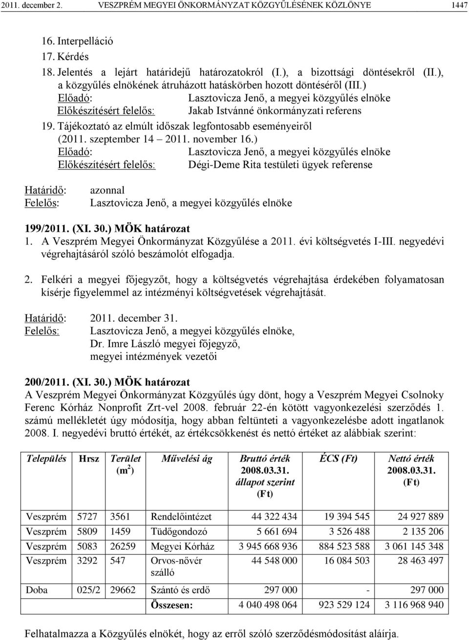 Tájékoztató az elmúlt időszak legfontosabb eseményeiről (2011. szeptember 14 2011. november 16.
