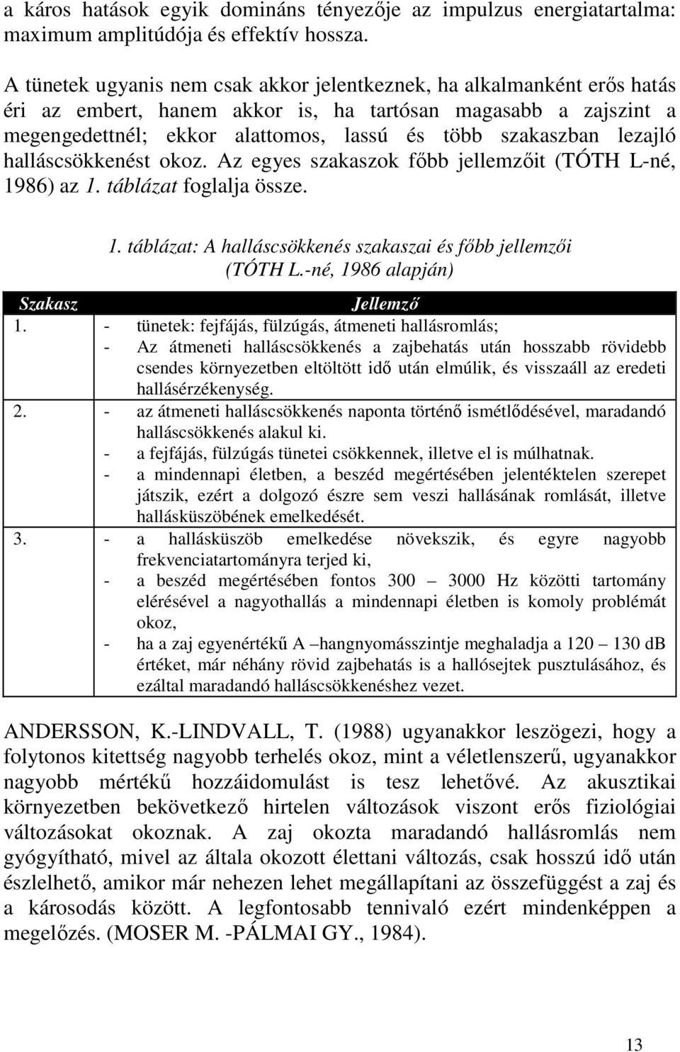 lezajló halláscsökkenést okoz. Az egyes szakaszok főbb jellemzőit (TÓTH L-né, 1986) az 1. táblázat foglalja össze. 1. táblázat: A halláscsökkenés szakaszai és főbb jellemzői (TÓTH L.