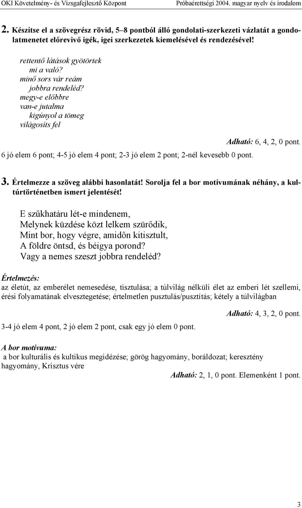 6 jó elem 6 pont; 4-5 jó elem 4 pont; 2-3 jó elem 2 pont; 2-nél kevesebb 0 pont. 3. Értelmezze a szöveg alábbi hasonlatát! Sorolja fel a bor motívumának néhány, a kultúrtörténetben ismert jelentését!