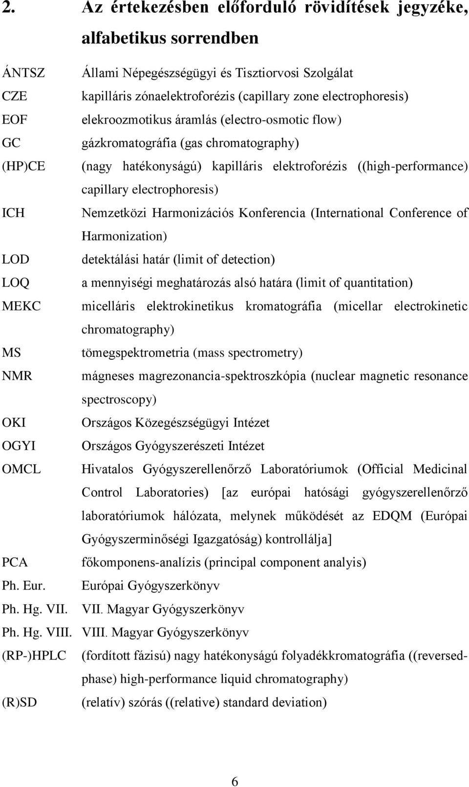 Nemzetközi Harmonizációs Konferencia (International Conference of Harmonization) LOD detektálási határ (limit of detection) LOQ a mennyiségi meghatározás alsó határa (limit of quantitation) MEKC