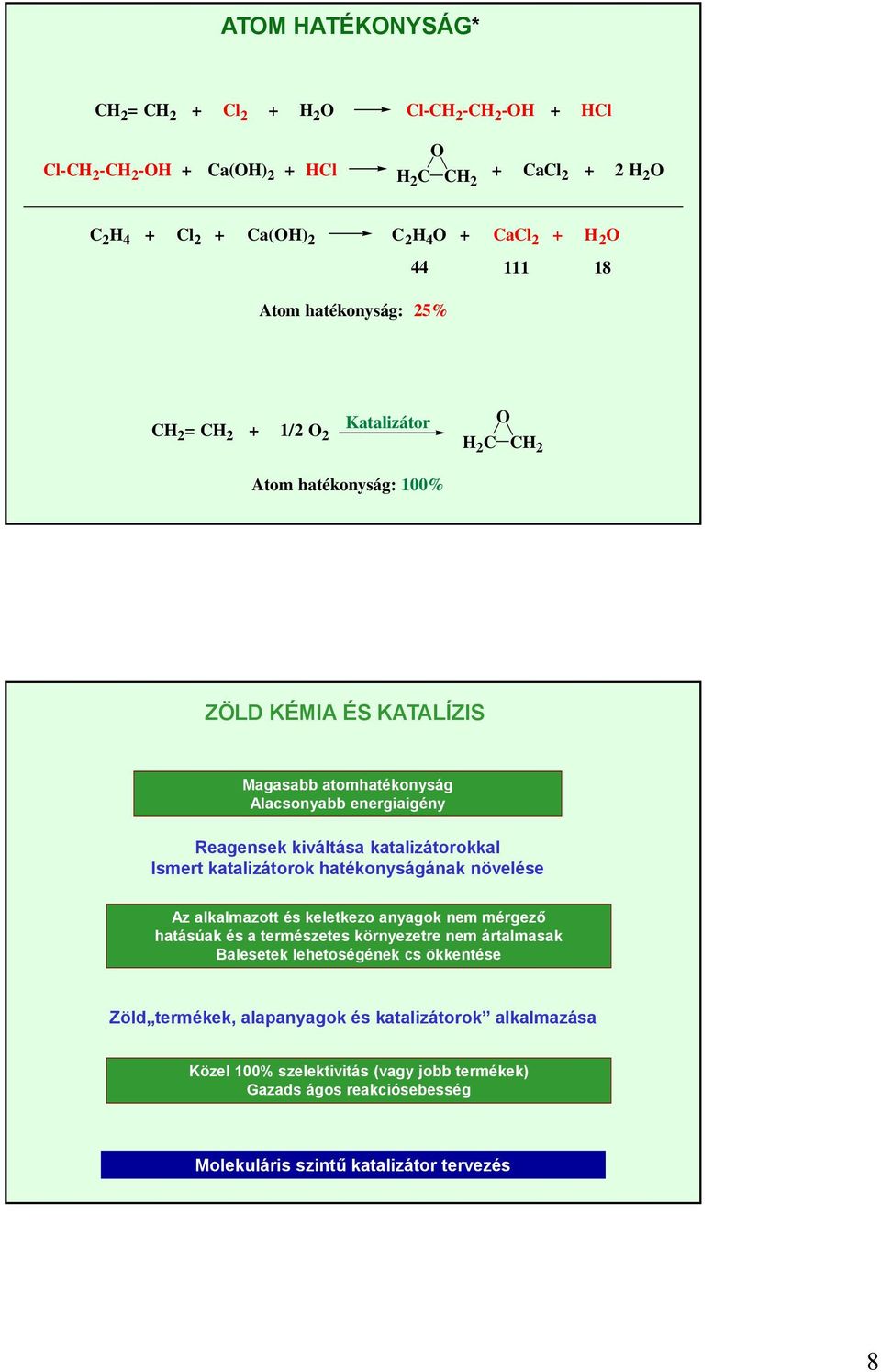 katalizátorok hatékonyságának növelése Az alkalmazott és keletkezo anyagok nem mérgező hatásúak és a természetes környezetre nem ártalmasak Balesetek lehetoségének cs