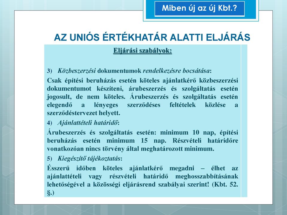 4) Ajánlattételi határidő: Árubeszerzés és szolgáltatás esetén: minimum 10 nap, építési beruházás esetén minimum 15 nap.