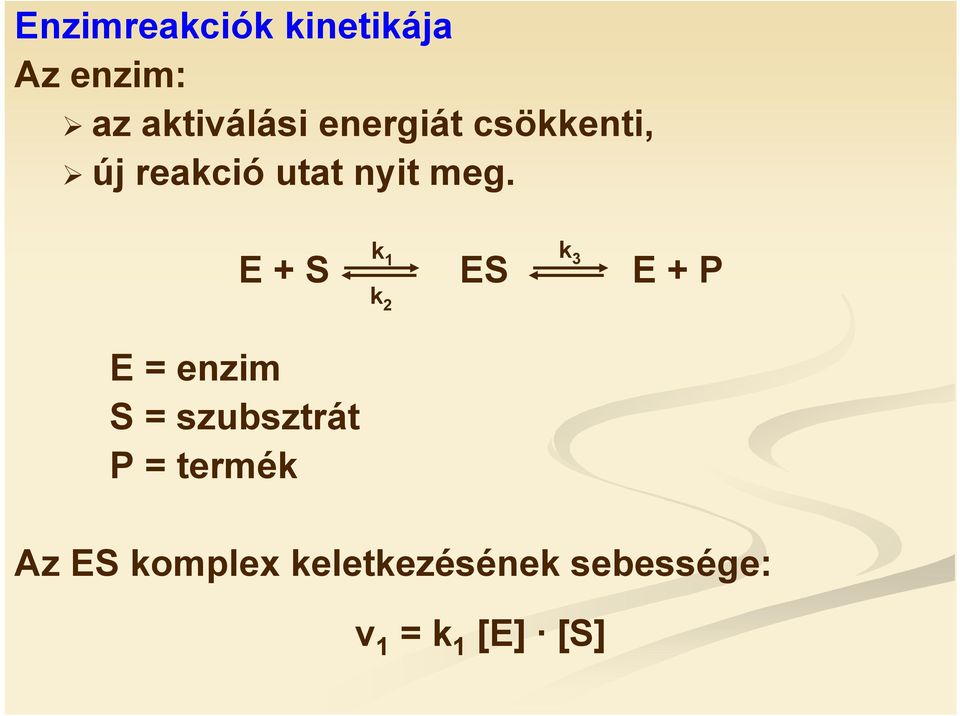 E + S E = enzim S = szubsztrát P = termék k 1 k 2 k 3