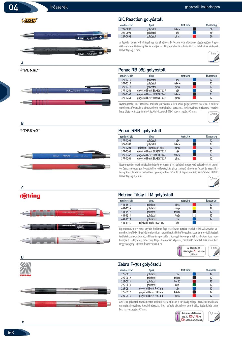 Penac R 085 golyóstoll 377-1216 golyóstoll kék 12 377-1217 golyóstoll fekete 12 377-1218 golyóstoll piros 12 377-1261 golyóstoll betét R9807 03F kék 12 377-1262 golyóstoll betét R9807 06F fekete 12