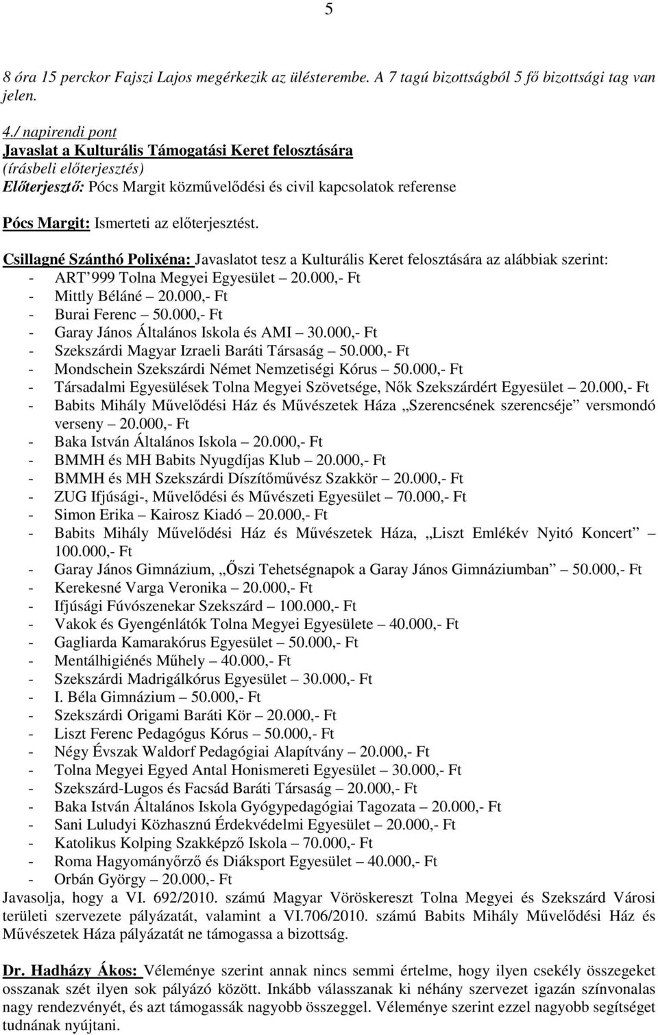 Csillagné Szánthó Polixéna: Javaslatot tesz a Kulturális Keret felosztására az alábbiak szerint: - ART 999 Tolna Megyei Egyesület 20.000,- Ft - Mittly Béláné 20.000,- Ft - Burai Ferenc 50.