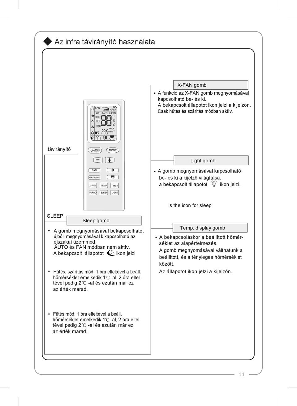 a bekapcsolt állapotot ikon jelzi. TURBO SLEEP LIGHT is the icon for sleep SLEEP Sleep gomb A gomb megnyomásával bekapcsolható, újbóli megnyomásával kikapcsolható az éjszakai üzemmód.