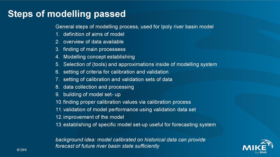 setting of calibration and validation sets of data 8. data collection and processing 9. building of model set- up 10.finding proper calibration values via calibration process 11.