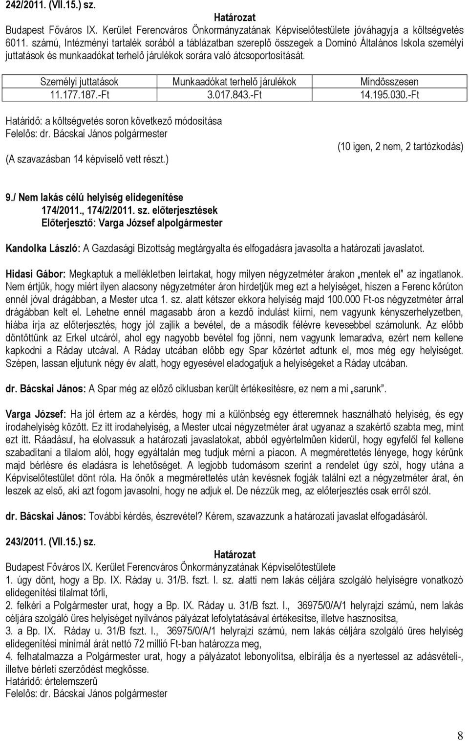Személyi juttatások Munkaadókat terhelő járulékok Mindösszesen 11.177.187.-Ft 3.017.843.-Ft 14.195.030.-Ft Határidő: a költségvetés soron következő módosítása (A szavazásban 14 képviselő vett részt.