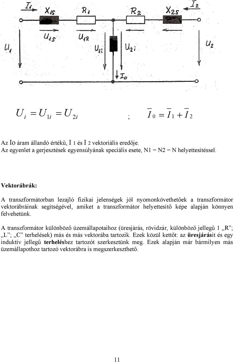 Vektorábrák: A transzformátorban lezajló fizikai jelenségek jól nyomonkövethetőek a transzformátor vektorábráinak segítségével, amiket a transzformátor helyettesítő képe