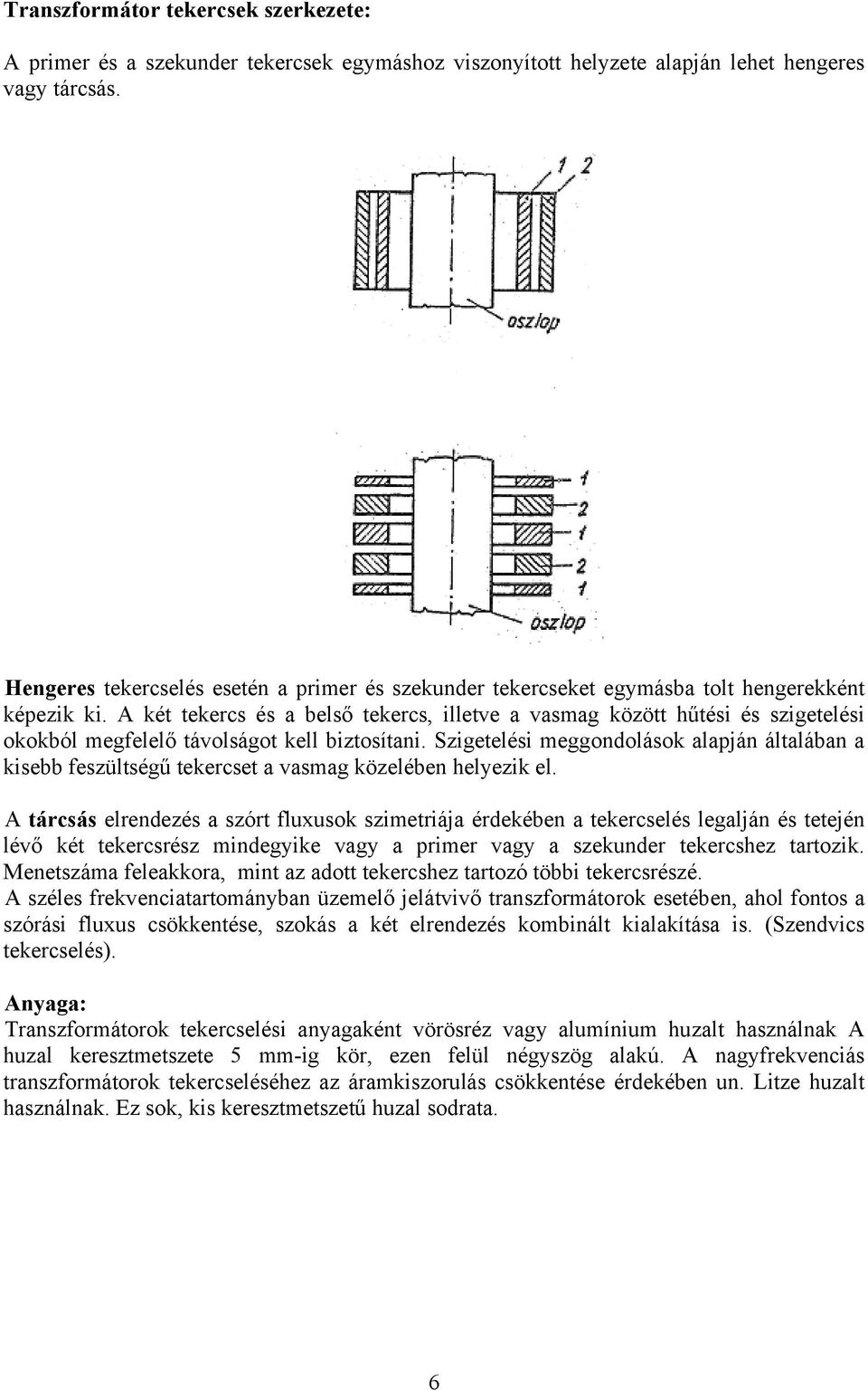 A két tekercs és a belső tekercs, illetve a vasmag között hűtési és szigetelési okokból megfelelő távolságot kell biztosítani.