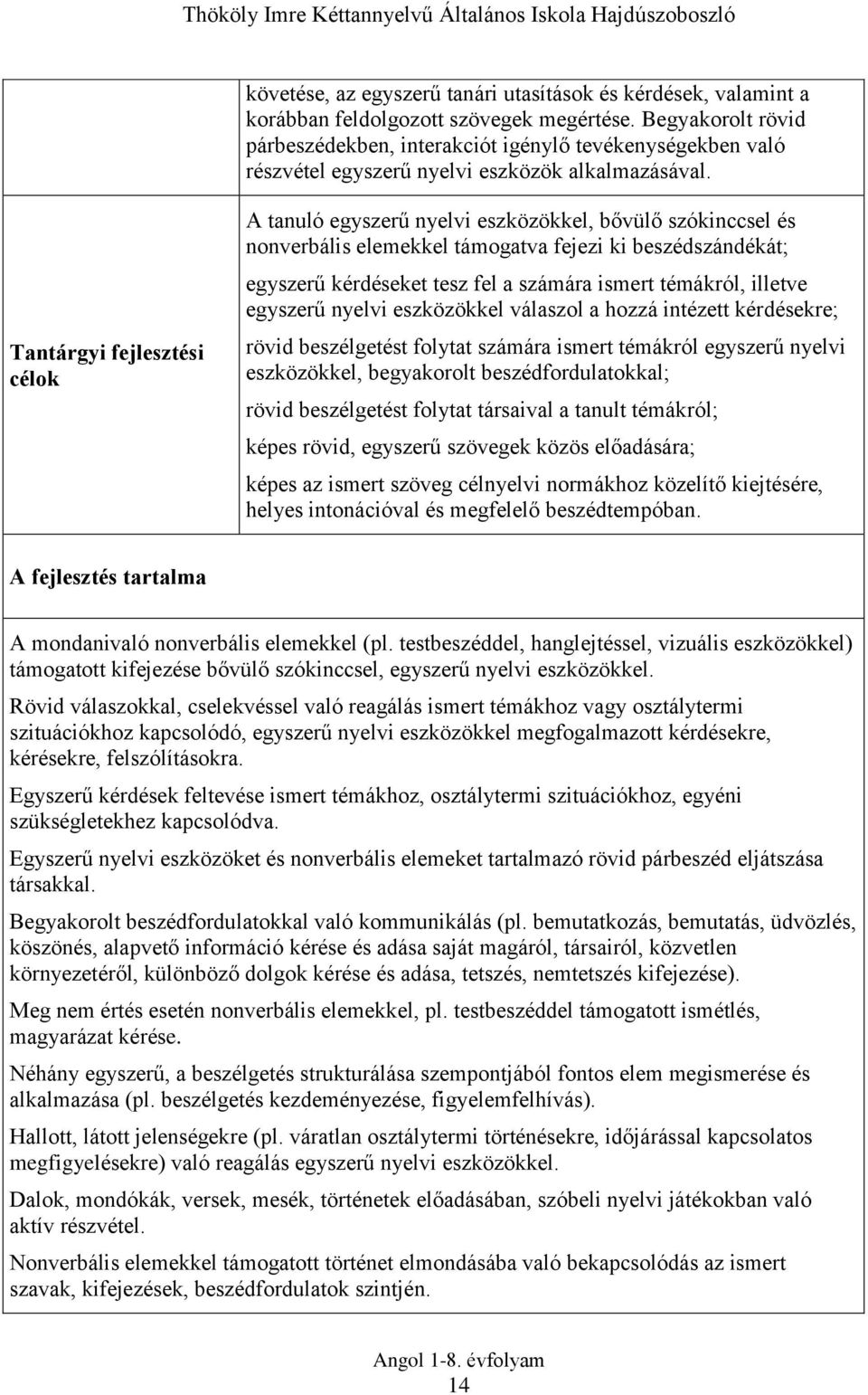 Tantárgyi fejlesztési célok A tanuló egyszerű nyelvi eszközökkel, bővülő szókinccsel és nonverbális elemekkel támogatva fejezi ki beszédszándékát; egyszerű kérdéseket tesz fel a számára ismert