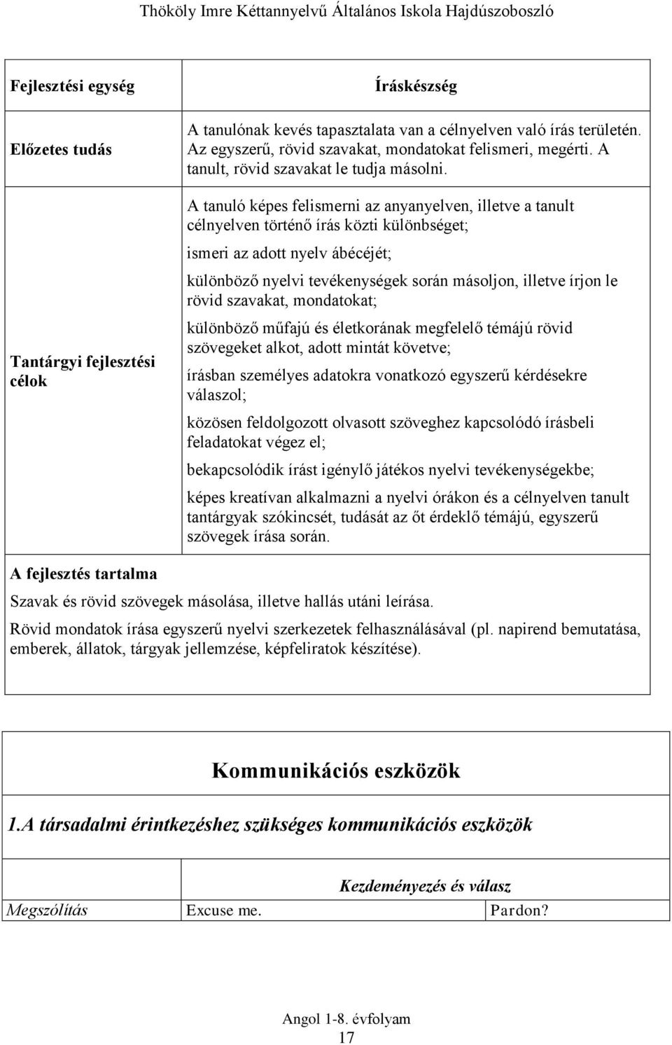 A tanuló képes felismerni az anyanyelven, illetve a tanult célnyelven történő írás közti különbséget; ismeri az adott nyelv ábécéjét; különböző nyelvi tevékenységek során másoljon, illetve írjon le