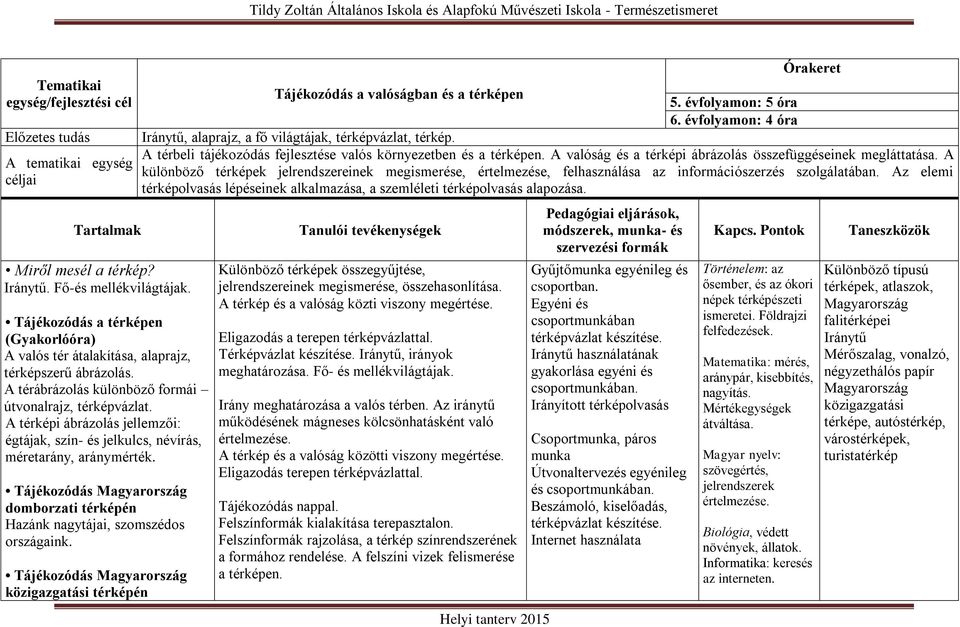 A térképi ábrázolás jellemzői: égtájak, szín- és jelkulcs, névírás, méretarány, aránymérték. Tájékozódás Magyarország domborzati térképén Hazánk nagytájai, szomszédos országaink.