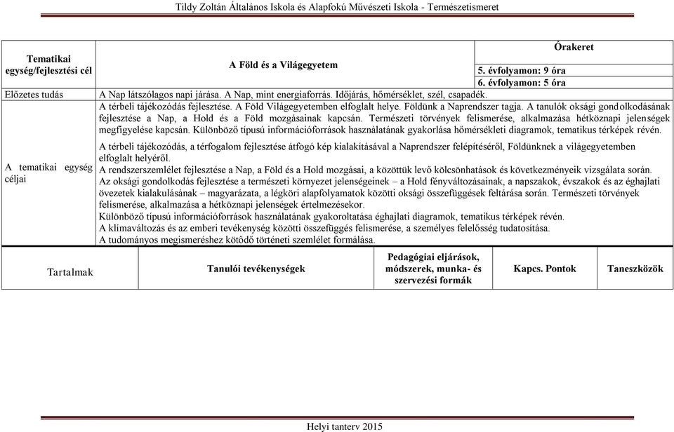 A tanulók oksági gondolkodásának fejlesztése a Nap, a Hold és a Föld mozgásainak kapcsán. Természeti törvények felismerése, alkalmazása hétköznapi jelenségek megfigyelése kapcsán.