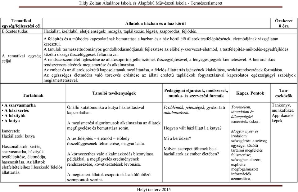 A tanulók természettudományos gondolkodásmódjának fejlesztése az élőhely-szervezet-életmód, a testfelépítés-működés-egyedfejlődés közötti oksági összefüggések feltárásával.