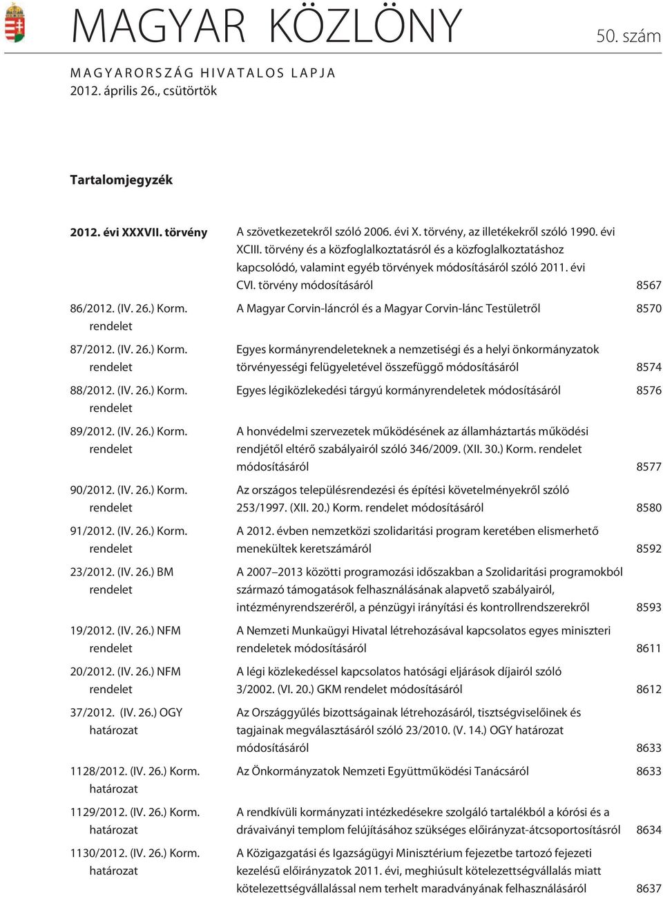 rendelet 87/2012. (IV. 26.) Korm. rendelet 88/2012. (IV. 26.) Korm. rendelet 89/2012. (IV. 26.) Korm. rendelet 90/2012. (IV. 26.) Korm. rendelet 91/2012. (IV. 26.) Korm. rendelet 23/2012. (IV. 26.) BM rendelet 19/2012.