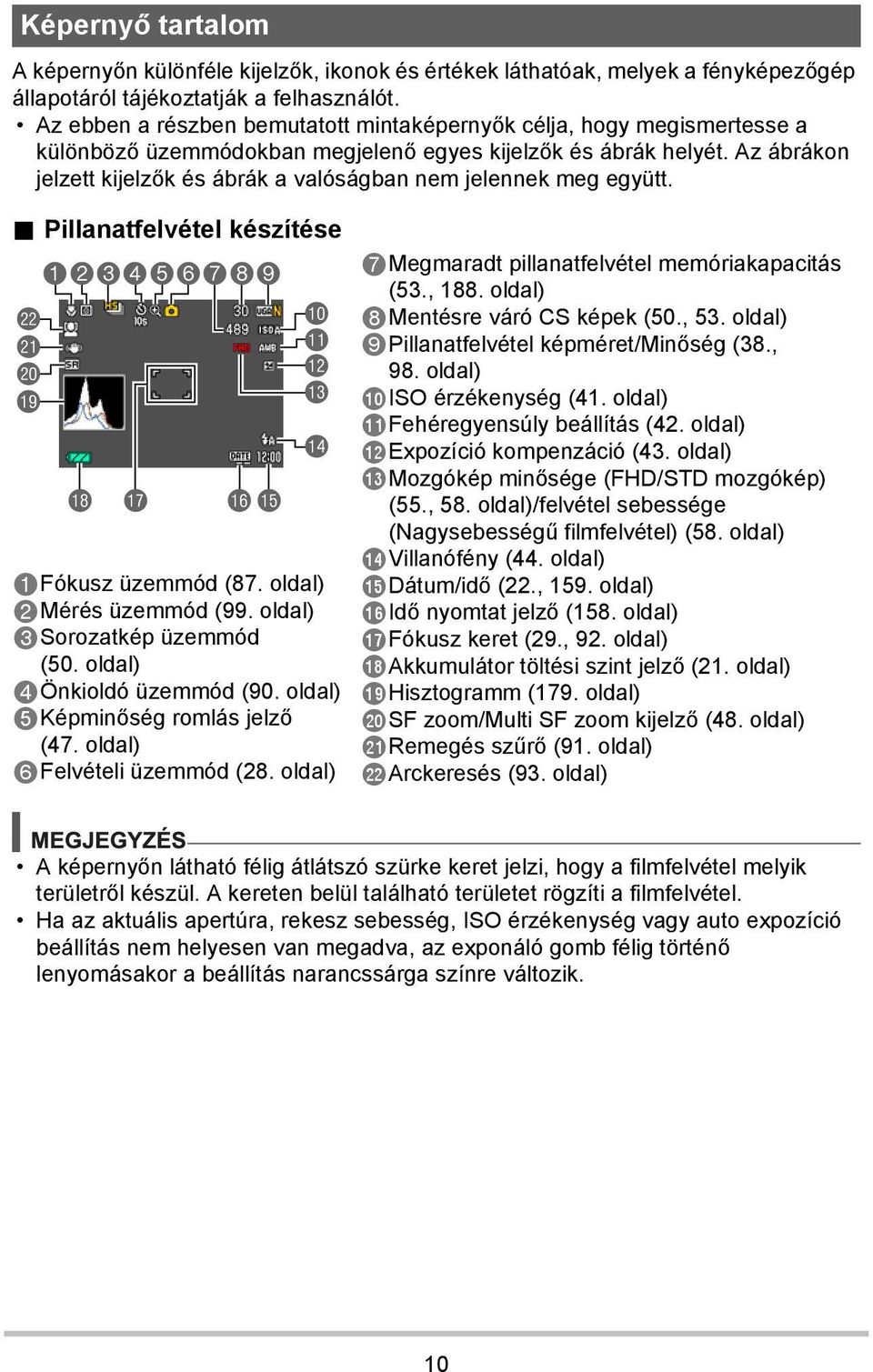 Az ábrákon jelzett kijelzők és ábrák a valóságban nem jelennek meg együtt.. Pillanatfelvétel készítése cm cl ck bt 123456789 bs br bqbp bk bl bm bn bo 1Fókusz üzemmód (87. oldal) 2Mérés üzemmód (99.