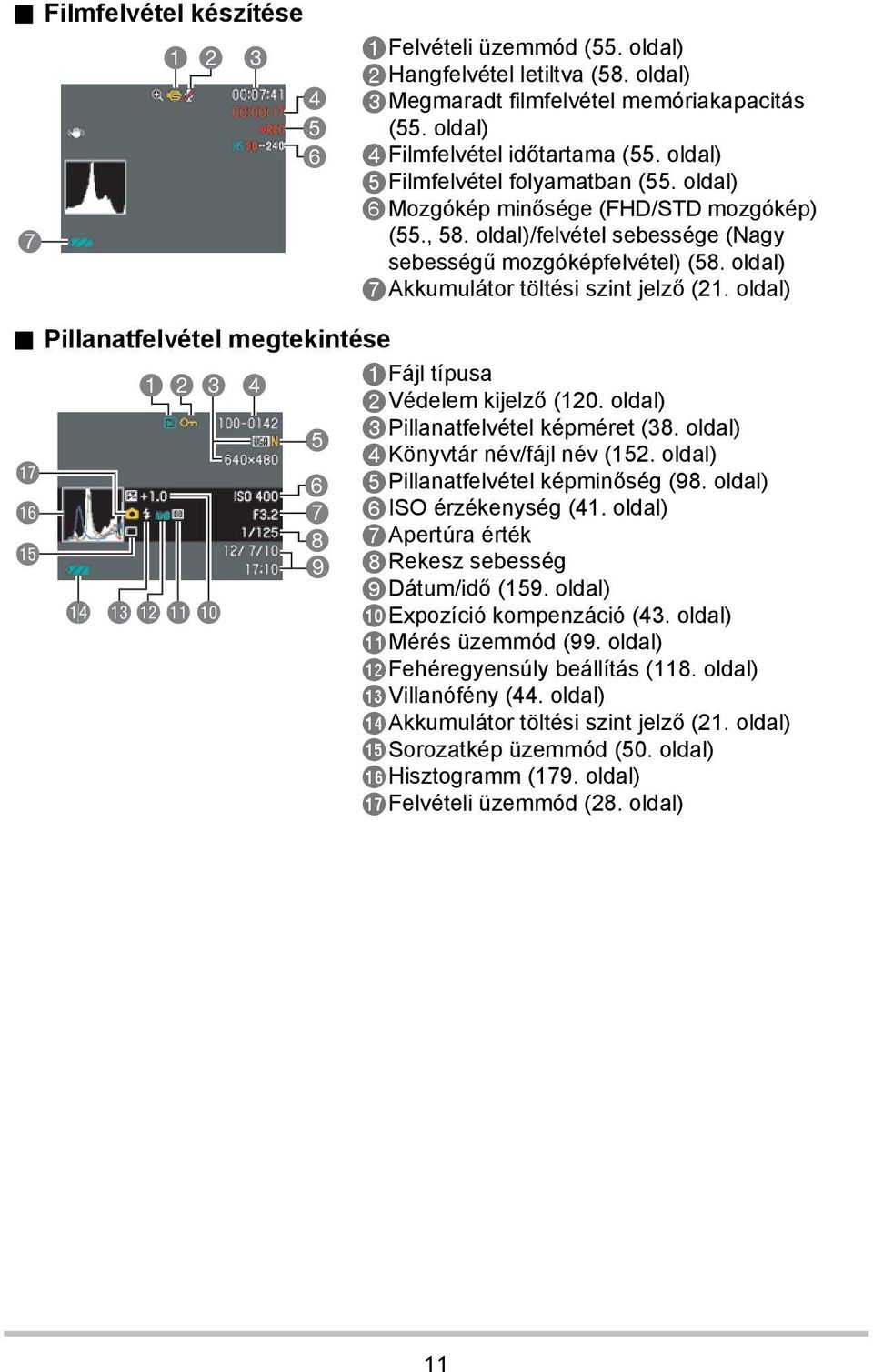 oldal)/felvétel sebessége (Nagy sebességű mozgóképfelvétel) (58. oldal) 7Akkumulátor töltési szint jelző (21. oldal) 1Fájl típusa 2Védelem kijelző (120. oldal) 3Pillanatfelvétel képméret (38.