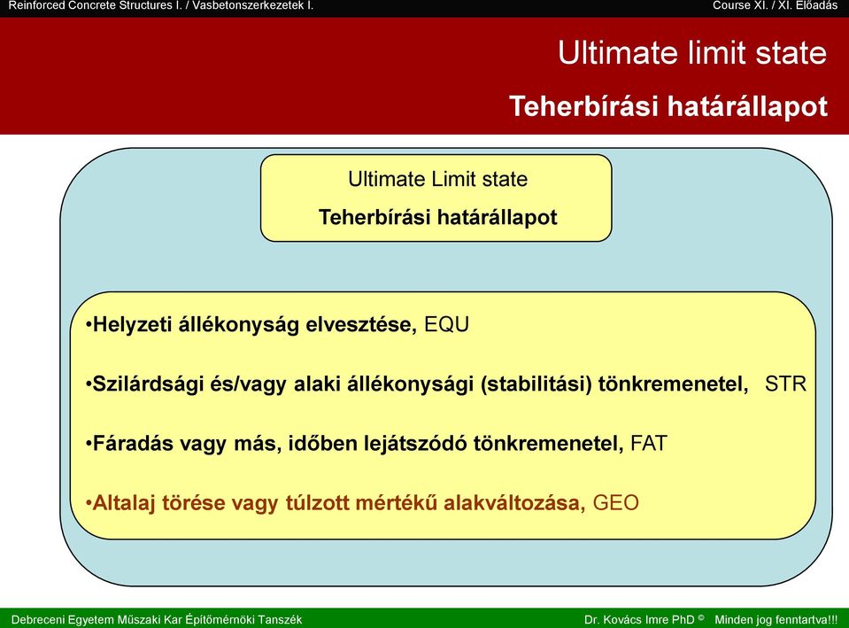 . III. II. I. Teherbírái határállapot Ultimate Limit tate Teherbírái határállapot Helyzeti állékonyág elveztée, EQU