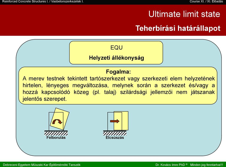 . III. II. I. Teherbírái határállapot EQU Helyzeti állékonyág Fogalma: A merev tetnek tekintett tartózerkezet vagy zerkezeti