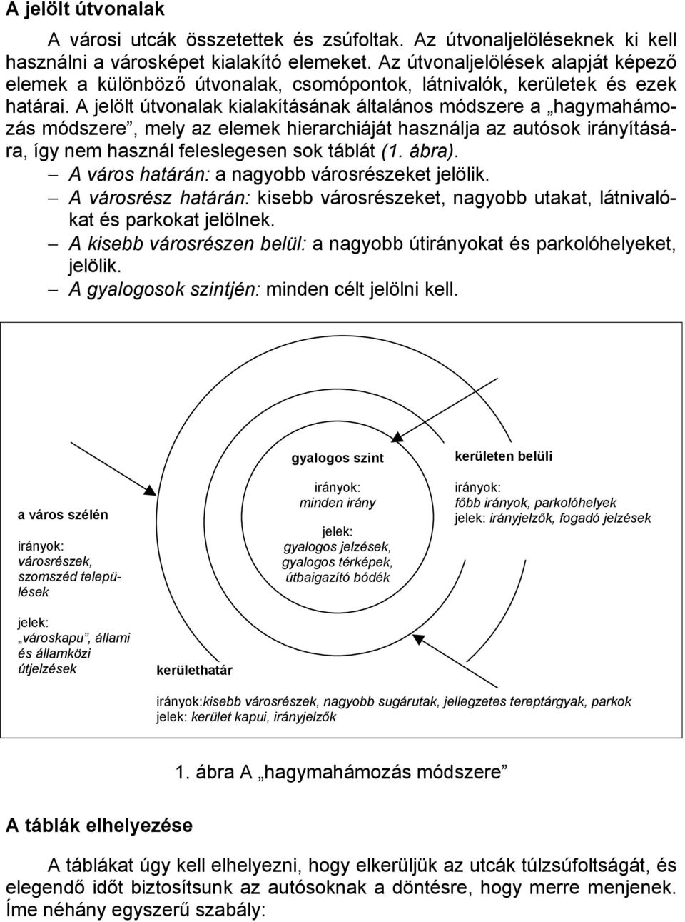 A jelölt útvonalak kialakításának általános módszere a hagymahámozás módszere, mely az elemek hierarchiáját használja az autósok irányítására, így nem használ feleslegesen sok táblát (1. ábra).