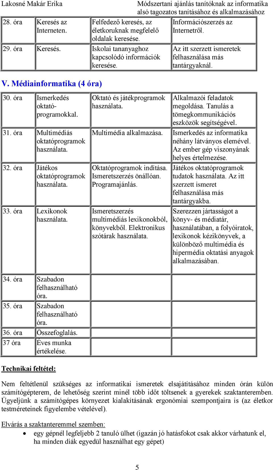 óra Multimédiás oktatóprogramok használata. 32. óra Játékos oktatóprogramok használata. 33. óra Lexikonok használata. 34. óra Szabadon felhasználható óra. 35. óra Szabadon felhasználható óra. 36.