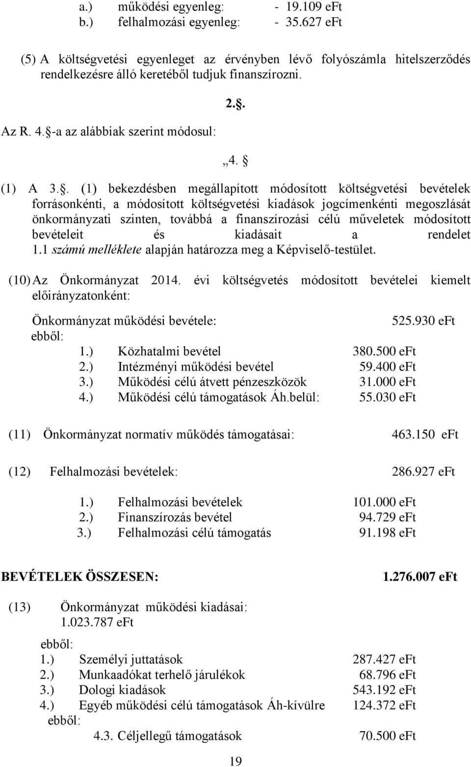 . (1) bekezdésben megállapított módosított költségvetési bevételek forrásonkénti, a módosított költségvetési kiadások jogcímenkénti megoszlását önkormányzati szinten, továbbá a finanszírozási célú