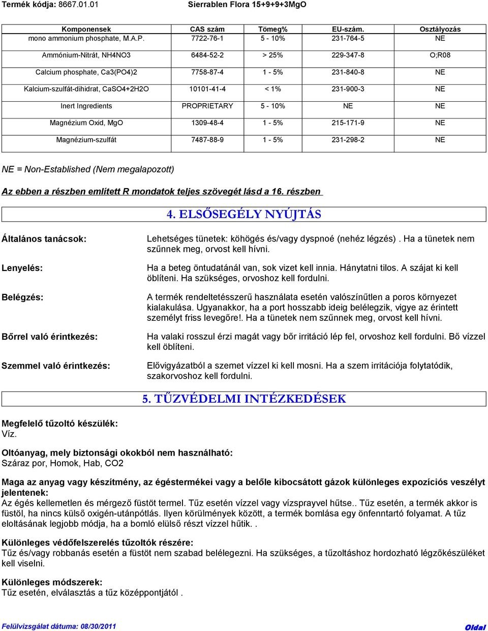 231-900-3 NE Inert Ingredients PROPRIETARY 5-10% NE NE Magnézium Oxid, MgO 1309-48-4 1-5% 215-171-9 NE Magnézium-szulfát 7487-88-9 1-5% 231-298-2 NE NE = Non-Established (Nem megalapozott) Az ebben a