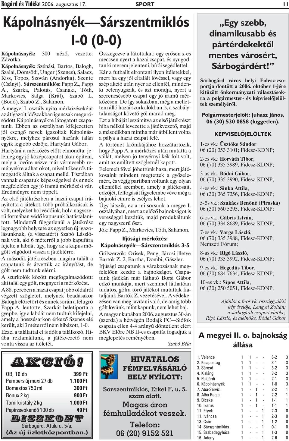 , Szarka, Palotás, Csanaki, Tóth, Markovics, Salga (Král), Szabó L. (Bodó), Szabó Z., Salamon. A megyei I.