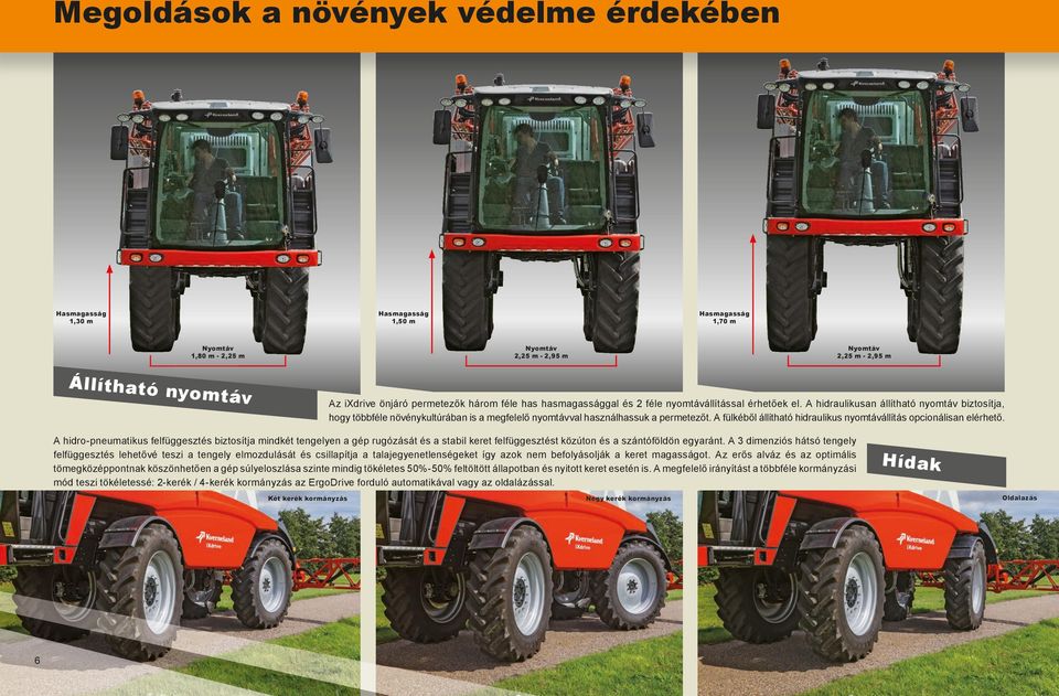 A hidraulikusan állítható nyomtáv biztosítja, hogy többféle növénykultúrában is a megfelelő nyomtávval használhassuk a permetezőt.