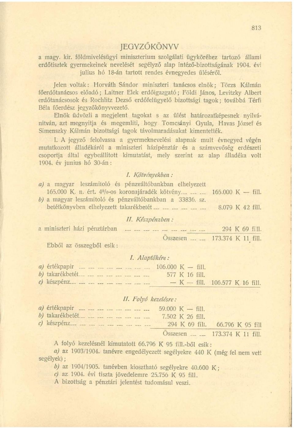 Jelen voltak: Horváth Sándor miniszteri tanácsos elnök; Törzs Kálmán főerdőtanácsos előadó; Laitner Elek erdőigazgató; Földi János, Levitzky Albert erdőtanácsosok és Rochlitz Dezső erdőfelügyelő