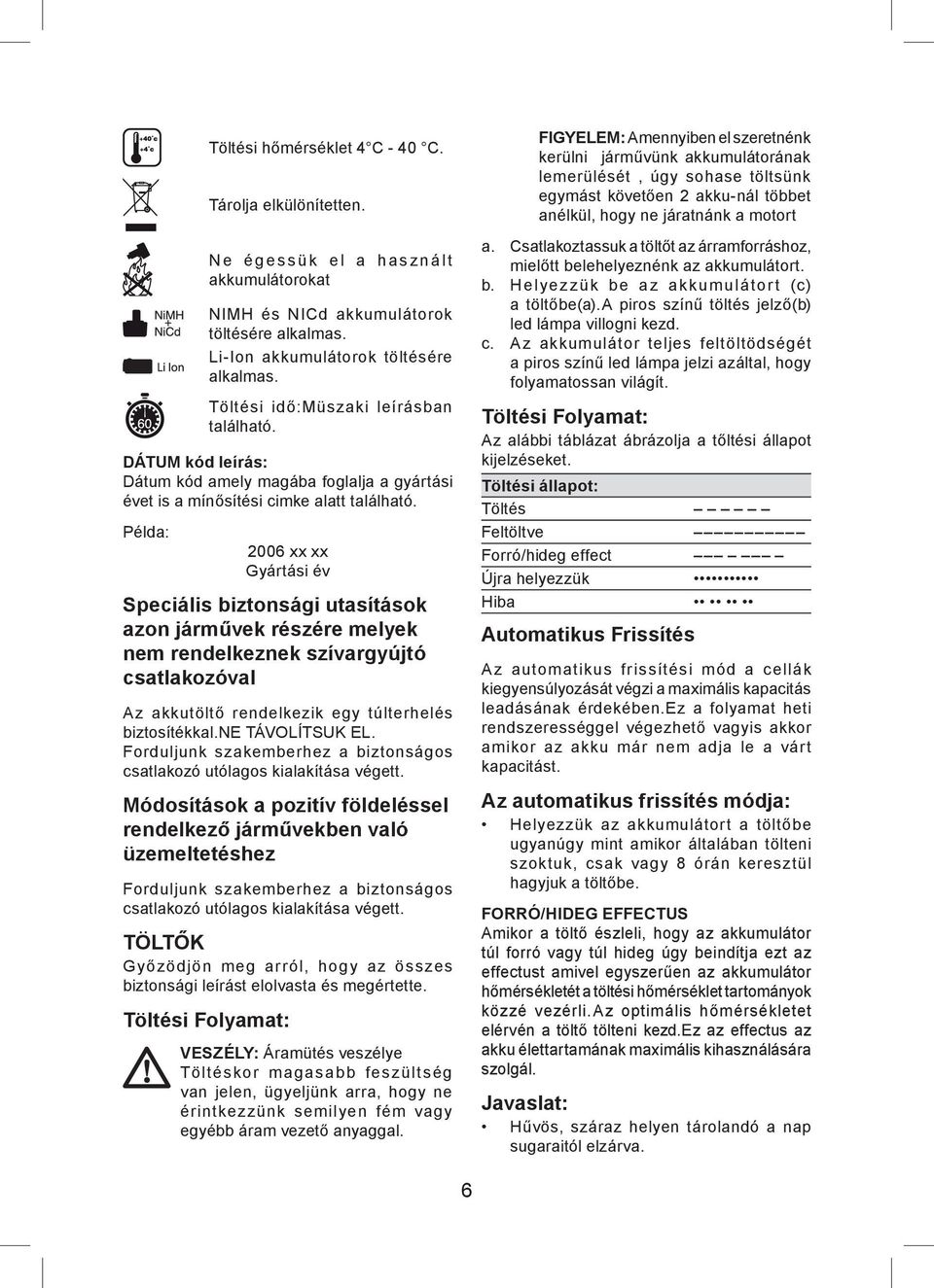 Példa: 2006 xx xx Gyártási év Speciális biztonsági utasítások azon járművek részére melyek nem rendelkeznek szívargyújtó csatlakozóval Az akkutöltő rendelkezik egy túlterhelés biztosítékkal.