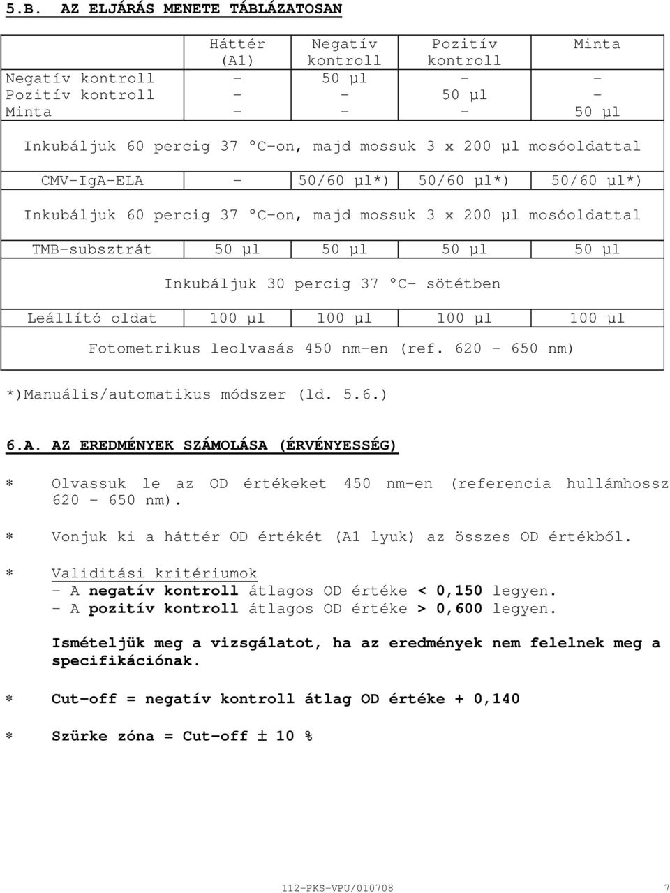 Leállító oldat 100 µl 100 µl 100 µl 100 µl Fotometrikus leolvasás 450 nmen (ref. 620 650 nm) *)Manuális/automatikus módszer (ld. 5.6.) 6.A.