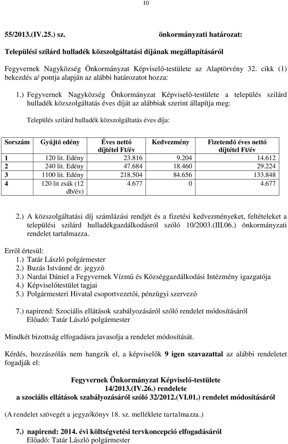 ) Fegyvernek Nagyközség Önkormányzat Képviselő-testülete a település szilárd hulladék közszolgáltatás éves díját az alábbiak szerint állapítja meg: Település szilárd hulladék közszolgáltatás éves