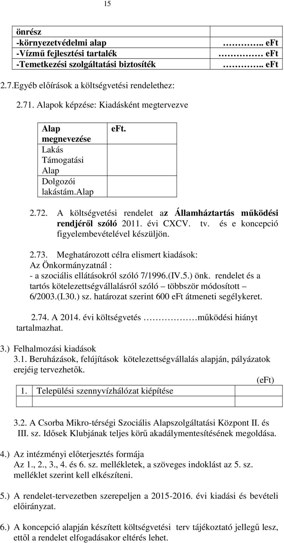 és e koncepció figyelembevételével készüljön. 2.73. Meghatározott célra elismert kiadások: Az Önkormányzatnál : - a szociális ellátásokról szóló 7/1996.(IV.5.) önk.