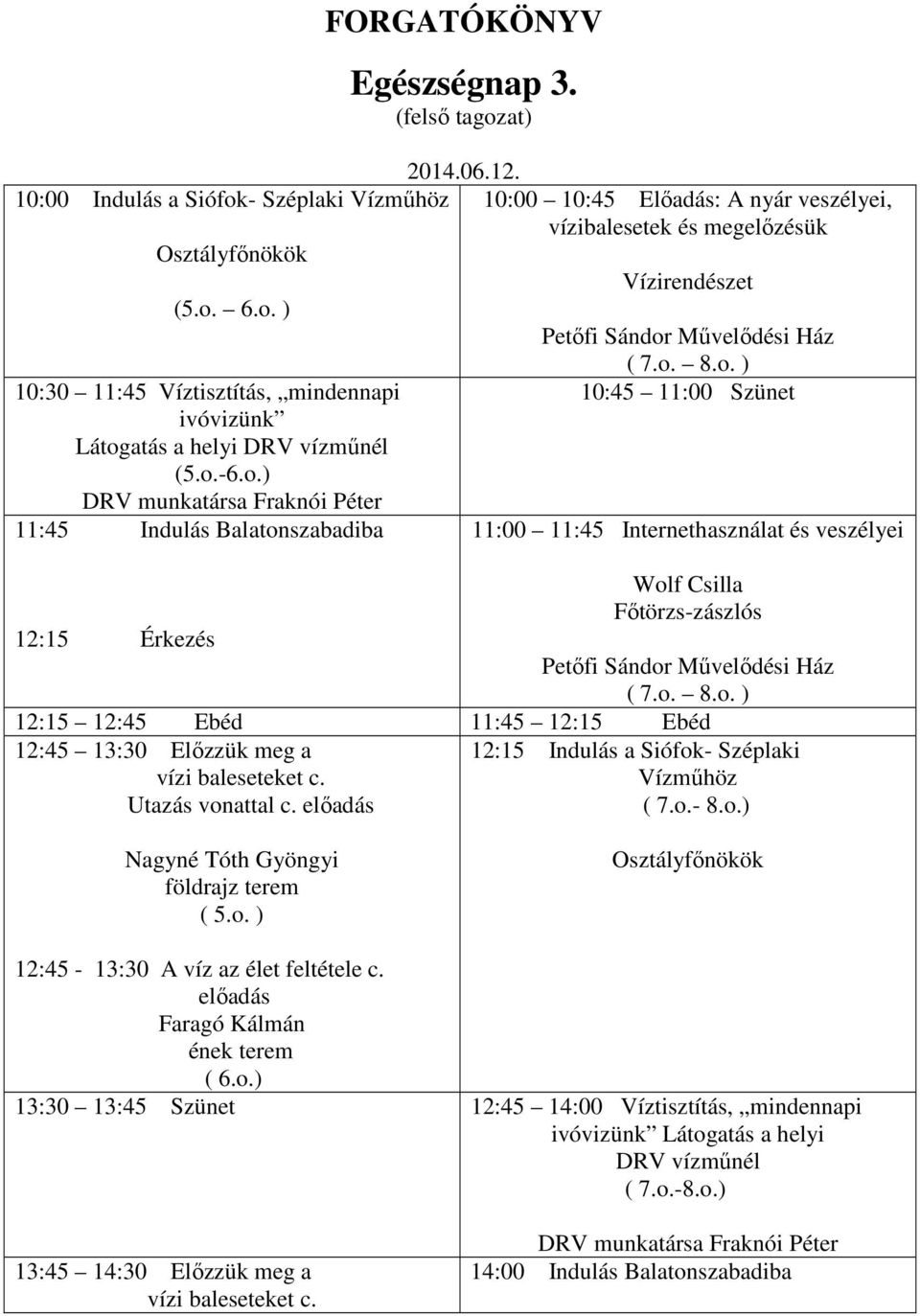 o. 8.o. ) 12:15 12:45 Ebéd 11:45 12:15 Ebéd 12:45 13:30 Előzzük meg a vízi baleseteket c. Utazás vonattal c. előadás 12:15 Indulás a Siófok- Széplaki Vízműhöz ( 7.o.- 8.o.) földrajz terem ( 5.o. ) Osztályfőnökök 12:45-13:30 A víz az élet feltétele c.