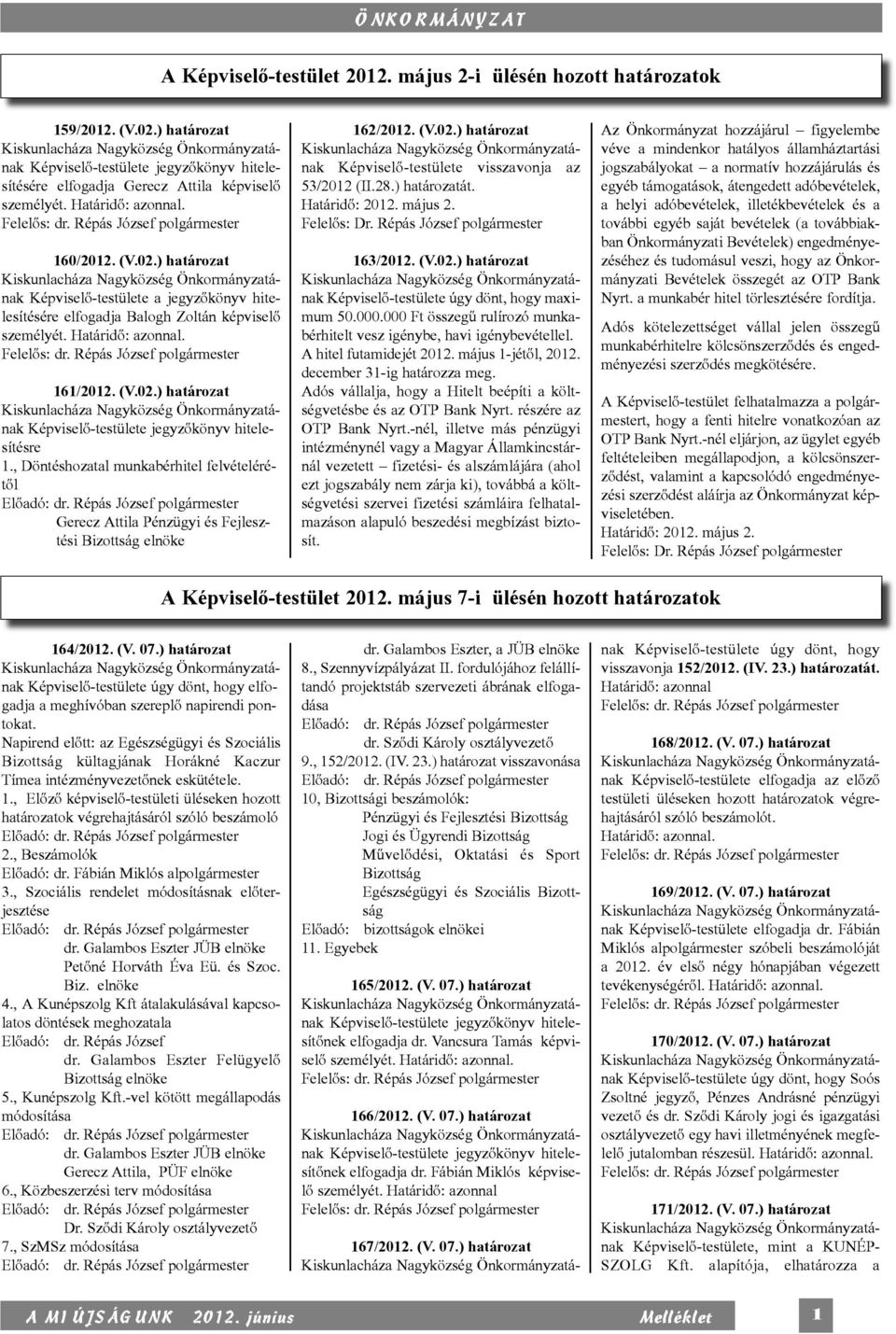 , Döntéshozatal munkabérhitel felvételérétől Előadó: dr. Répás József polgármester Gerecz Attila Pénzügyi és Fejlesztési Bizottság elnöke 162/2012. (V.02.