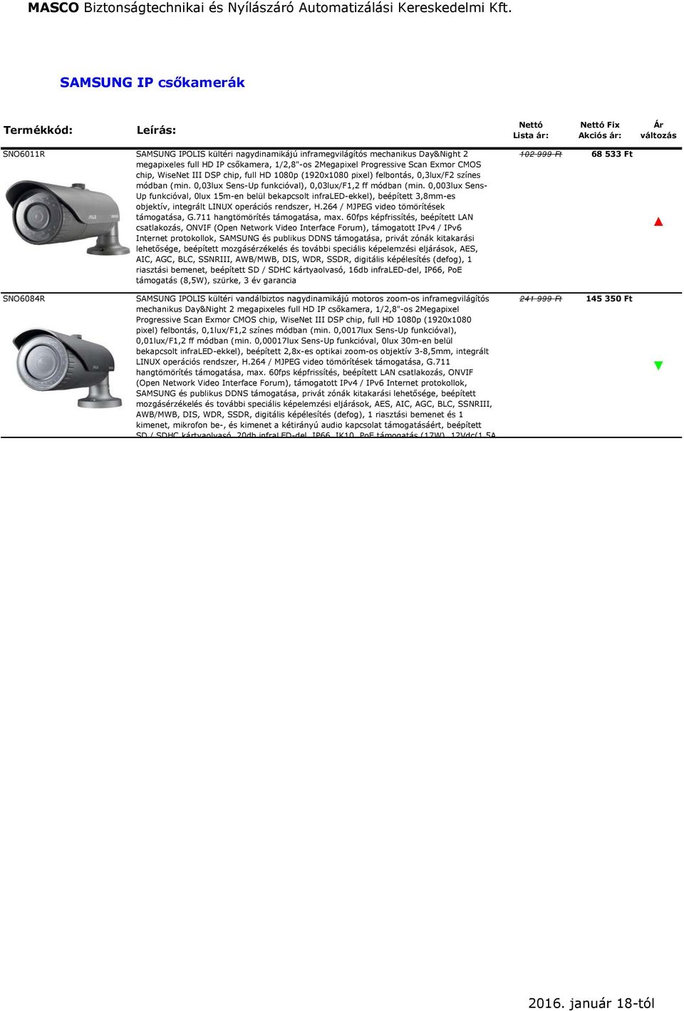 0,003lux Sens- Up funkcióval, 0lux 15m-en belül bekapcsolt infraled-ekkel), beépített 3,8mm-es objektív, integrált LINUX operációs rendszer, H.264 / MJPEG video tömörítések támogatása, G.