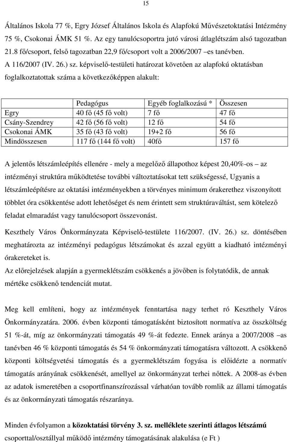 képviselı-testületi határozat követıen az alapfokú oktatásban foglalkoztatottak száma a következıképpen alakult: Pedagógus Egyéb foglalkozású * Összesen Egry 40 fı (45 fı volt) 7 fı 47 fı