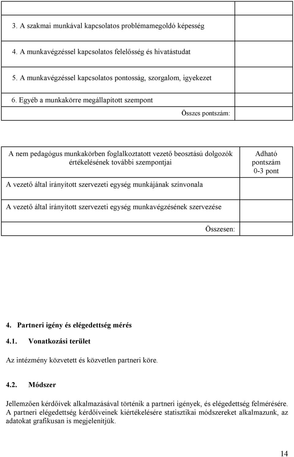 egység munkájának színvonala Adható pontszám 0-3 pont A vezető által irányított szervezeti egység munkavégzésének szervezése Összesen: 4. Partneri igény és elégedettség mérés 4.1.