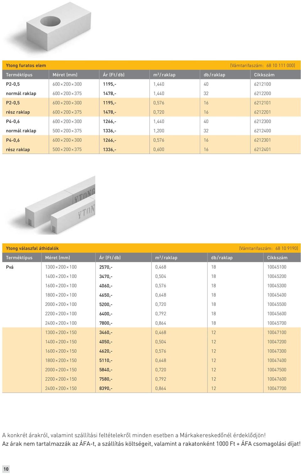 6212400 P4-0,6 600 200 300 1266,- 0,576 16 6212301 rész raklap 500 200 375 1336,- 0,600 16 6212401 Ytong válaszfal áthidalók (Vámtarifaszám: 68 10 9190) Terméktípus Méret (mm) Ár (Ft/ db) m 3 /