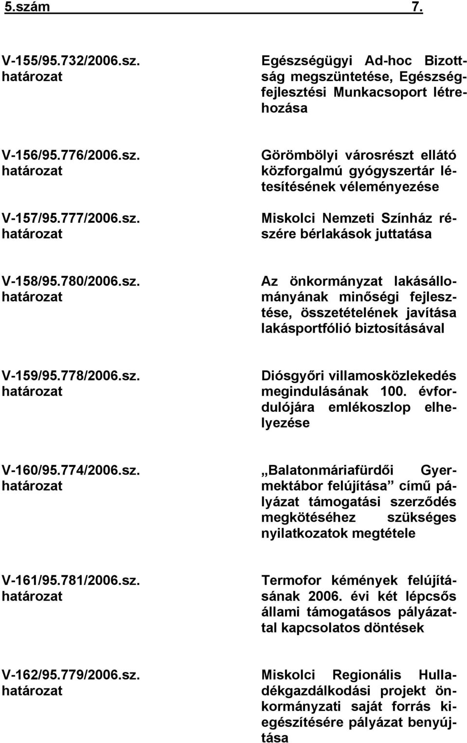 évfordulójára emlékoszlop elhelyezése Balatonmáriafürdői Gyermektábor felújítása című pályázat támogatási szerződés megkötéséhez szükséges nyilatkozatok megtétele V-161/95.781/2006.sz. határozat Termofor kémények felújításának 2006.