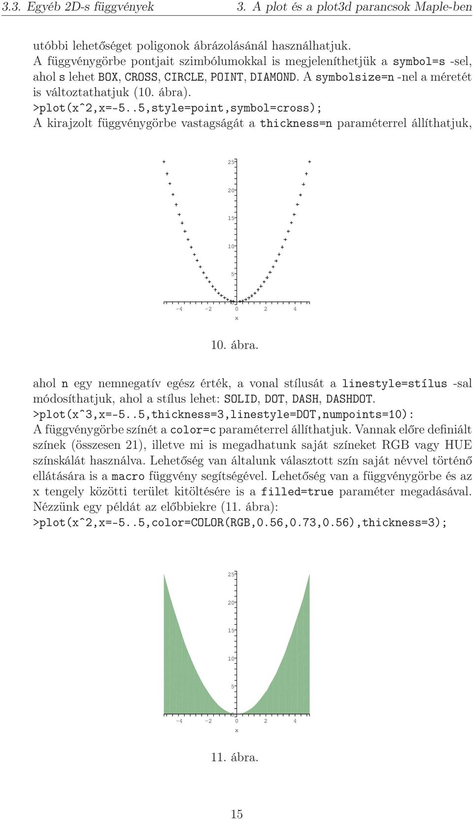 >plot(xˆ2,x=-5..5,style=point,symbol=cross); A kirajzolt függvénygörbe vastagságát a thickness=n paraméterrel állíthatjuk, 25 20 15 10 5 0-4 -2 0 2 4 x 10. ábra.