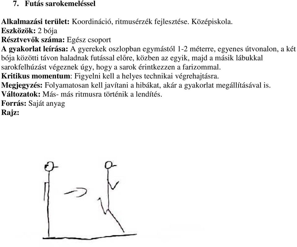 közötti távon haladnak futással előre, közben az egyik, majd a másik lábukkal sarokfelhúzást végeznek úgy, hogy a sarok érintkezzen a farizommal.