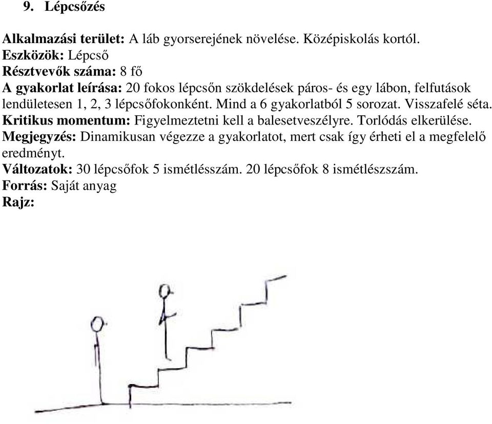 1, 2, 3 lépcsőfokonként. Mind a 6 gyakorlatból 5 sorozat. Visszafelé séta. Kritikus momentum: Figyelmeztetni kell a balesetveszélyre.